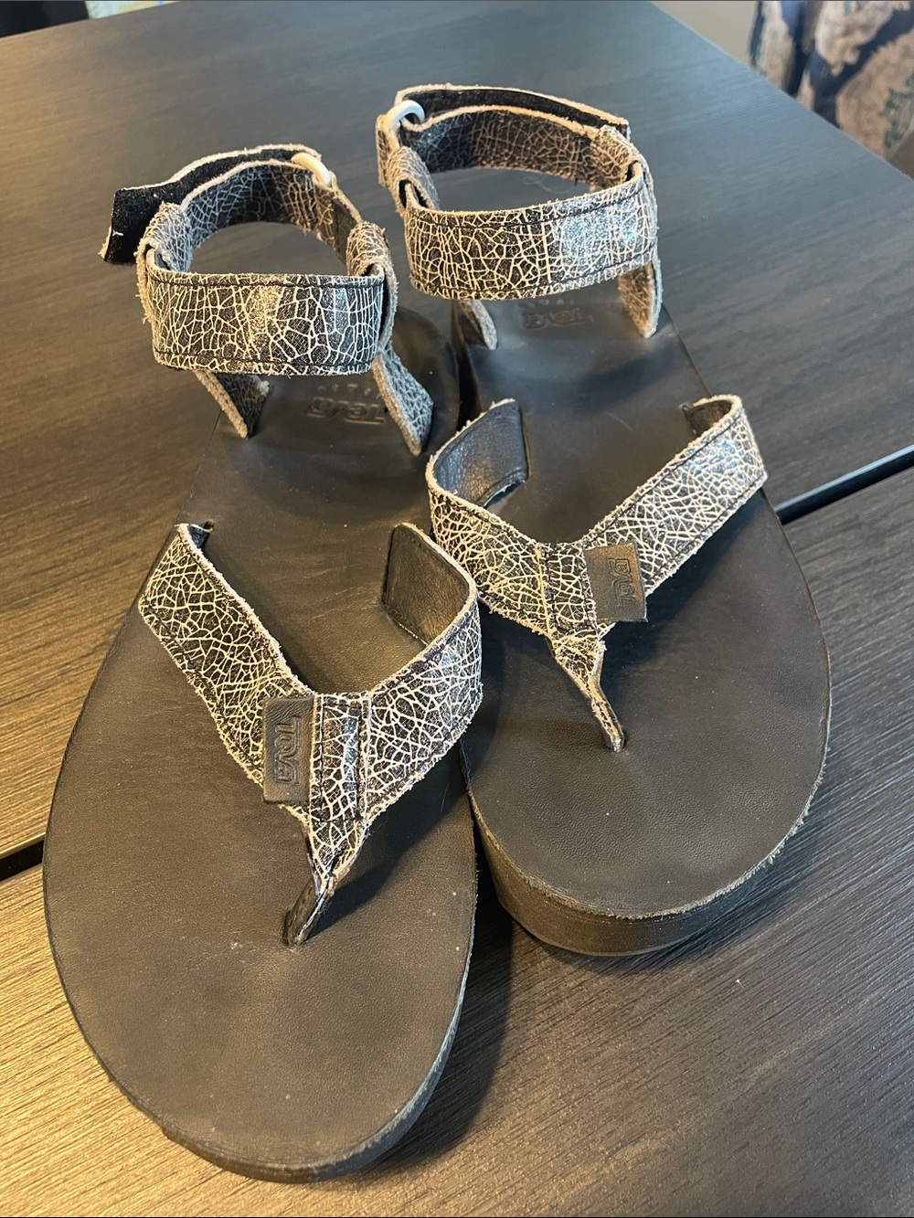 Teva Women’s Black Sandals with RARE Cracked-Print Straps